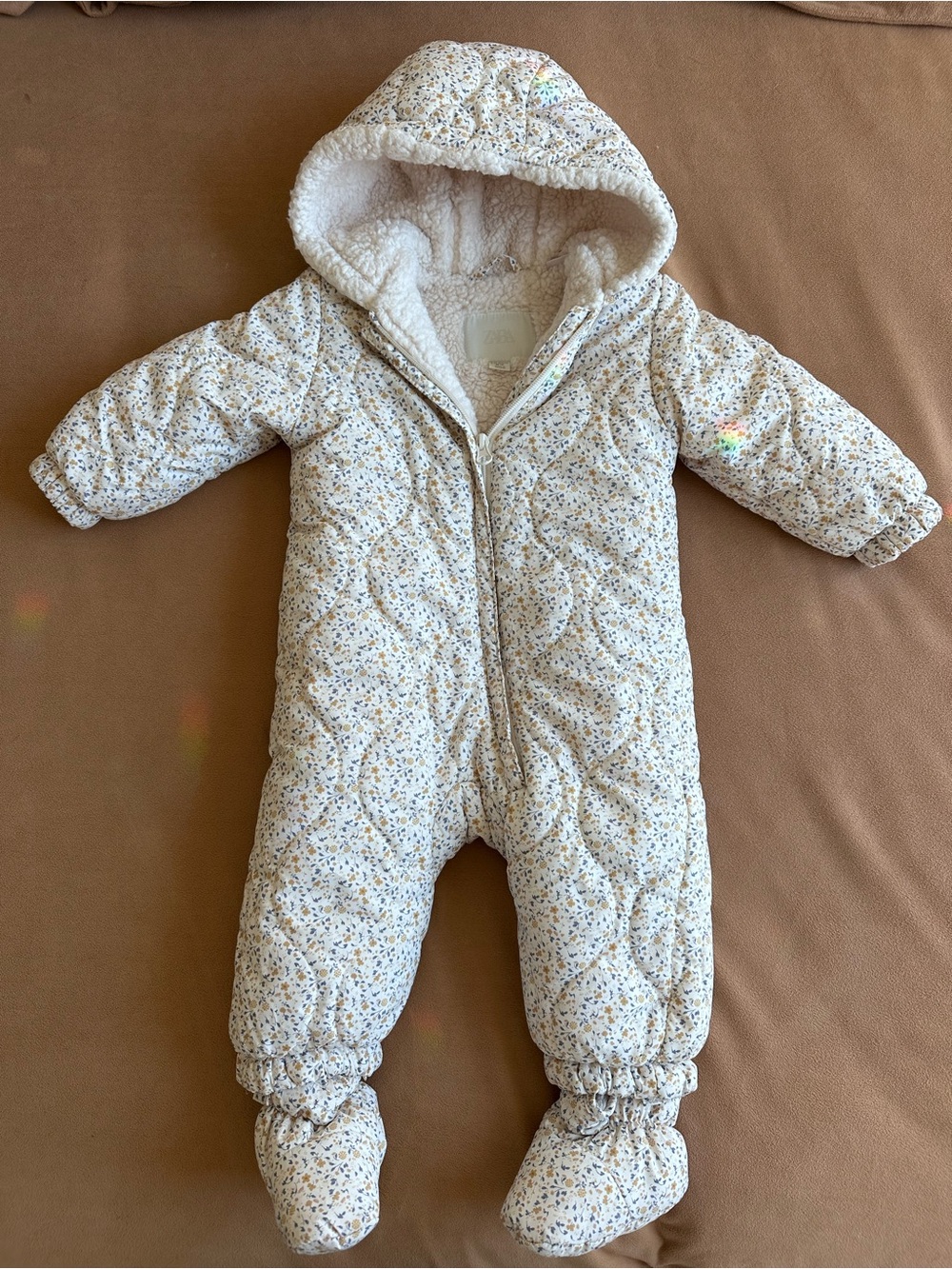 Zara Cream Floral Quilted Hooded Baby One-Piece